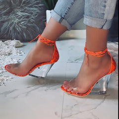 Cape Robbin Magnetic Orange Neon Snake Lucite Clear Heel Wedge Sandals