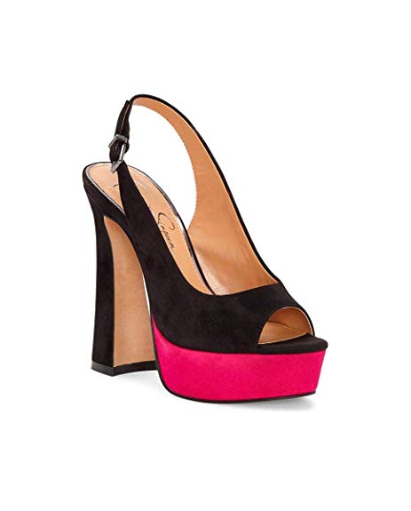 Jessica Simpson Raxie Suede Black Pink Colorblock Peep-Toe Platform Sling Pumps