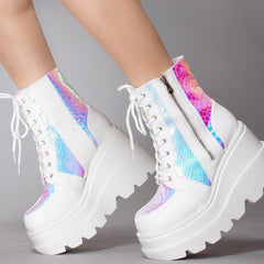Cape Robbin Radio Holographic Platform Ankle Chunky Block Heels Boots White