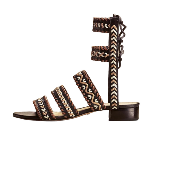 Schutz Corgi Black Flat Gladiator Sandal Embroidered whip-stitching Ankle Sandals