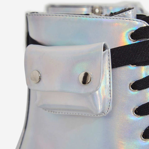 Cape Robbin CARGO Hologram Leather Silver Platform Lace-Up Combat Boot Pocket