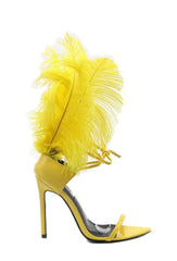 Cape Robbin Jazmine Yellow Feather Strappy Lace Up Pointy Open Toe High Sandals