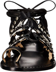 Schutz Patrica Black White Gladiator Flat Tie Up Fringe And Gem Designer Sandals
