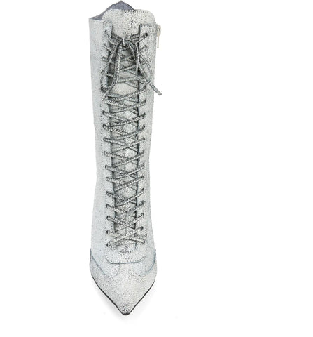 Jeffrey Campbell Bringiton White Crackle Stiletto Heel Pointed Toe Lace Up Boots