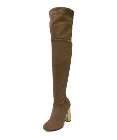 Bamboo Scenery Camel Metal Block Heel Over Knee Thigh High Stretch Fitted Boots