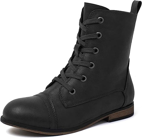 Katliu Combat Fashion Black Lace up Military Casual Rounded Toe Ankle Booties