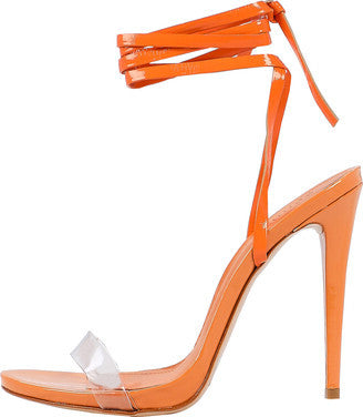 Schutz Cloe Vinyl Orange Open Toe Lace Up Ankle Strap Stiletto High Heel Sandals