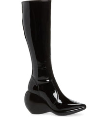Jeffrey Campbell Rhombus Black Patent Knee High Wedge Pointed Toe Unique Boot
