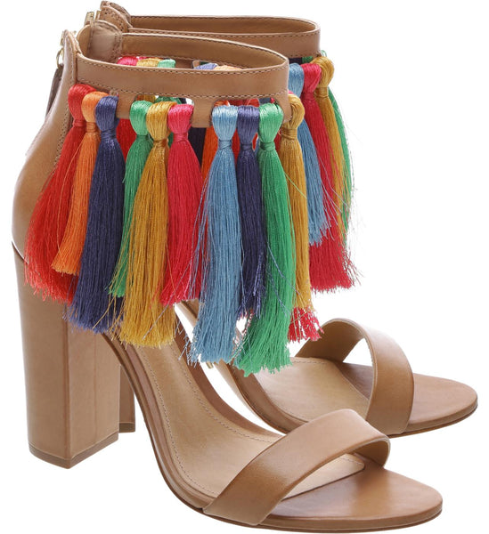 Schutz Women's Chalisa Desert Block Heel Multi Color Fringe Tassel Sandal Pumps (7)