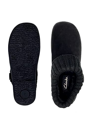 Clarks Suede Leather Knitted Collar Clog Plush Faux Fur Lining Slippers Black/Black Knit