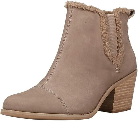 Toms Everly Taupe Grey Leather/Faux Shearling Pull On Block Heel Fashion Boots