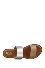 Mia Nila Tan Silver Open Toe Flat Slide Leather Double Strap Fashion Sandals