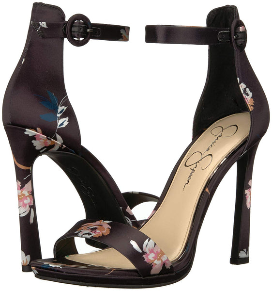 Jessica Simpson Plemy Black Floral Satin Slip On Heeled Sandals