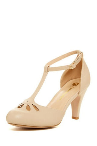 Chase & Chloe Kimmy-36 Nude Pu T-Strap Fashion Mid Heel Ankle Strap Dress Pumps