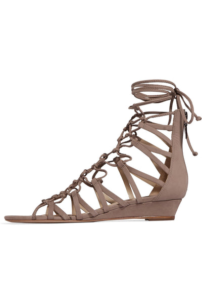 Schutz Nitty Beige Leather Low Wedge Gladiator Taupe Nubuck Sandals Caged Flat