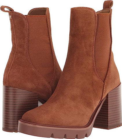 Sam Edelman Rollins Brown Suede Stacked Block Heel Pull On Almond Toe Ankle Boots