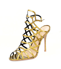 Schutz Juliana Gold Glitter Patent Caged Pumps Sandals (11)