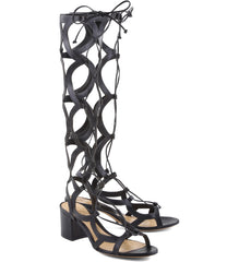 Schutz Perlie Black Leather Knee High Tie Up Low Heel Gladiator Fashion Sandals