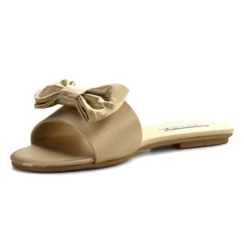 Cape Robbin Sadie-2 Nude Gold Satin Bow Comfortable Slides Mules Flat Sandals