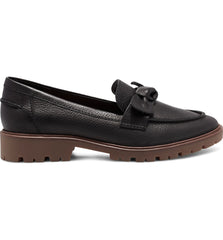 Lucky Brand Tamio Black Leather Moccasin Flat Knot Bow Detail Lug Sole Loafers (7, Black Leather)