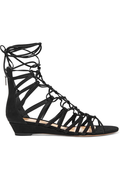 Schutz Nitty Black Suede Lace Up Strappy Low Wedge Nubuck Sandals