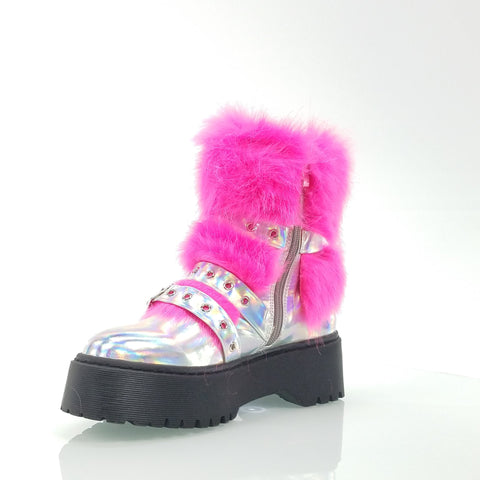 FUR BABIES LUG SOLE FURRY STRAPPED COMBAT BOOTIE BOOTS SILVER HOT PINK