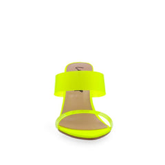 Lemon Drop Privileged Demille Neon Yellow High Wedge Clear Strap Mule Sandals