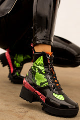 Cape Robbin Kingpin Snake Black Lace Up Lug Sole Neon Commander Millitary Boots