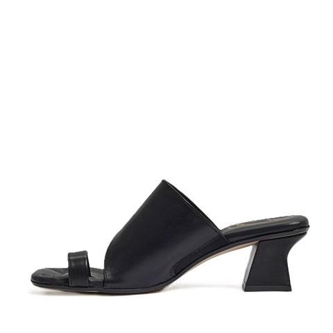 Sam Edelman Flora Black Leather Fashion Mid Block Heel Slip On Dress Sandals