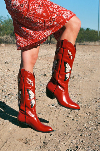 Jeffrey Campbell FLY-AWAY Red Leather Knee-High Pointed Western Cowboy Boots
