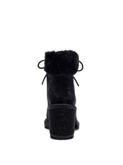 Jessica Simpson Deliah Fur Cuff Rhinestone Lace-Up Lug Sole Combat Bootie Black