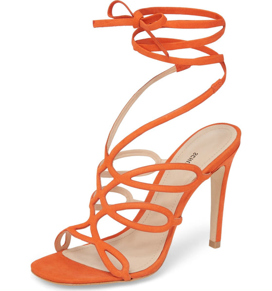 Schutz Nivia Bright Orange Slim Heel Single Sole Tie up Wrap Pump Sandal