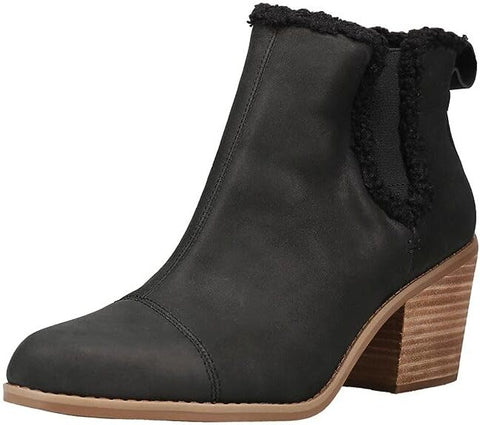 Toms Everly Black Leather/Faux Shearling Pull On Block Heel Fashion Boots