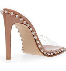 Steve Madden Zaylee Clear Nude Chrystal Dotted Lining Mule HIgh Heeled Sandals