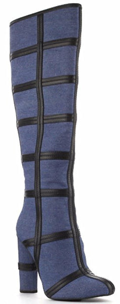 Cape Robbin Maura-3 Blue DENIM Knee High Block Heel Boots Side Zipper
