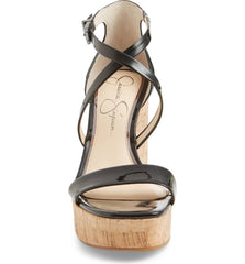Jessica Simpson Stasi Black Patent Leather Platform Cork Wedge Open Toe Sandals