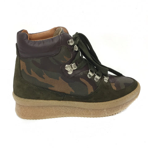 Shellys London Tristen Camo Suede Ankle Sneaker Lace up Wedge Booties