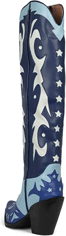 Jeffrey Campbell Starwood-2 Blue Combo Pointy Toe Pull On Leather Knee High Boot