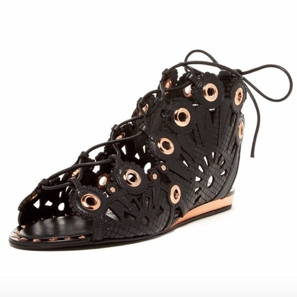 Ivy Kirzhner Barcelona Black Leather Low Gold Wedge Cutout Flat Sandals