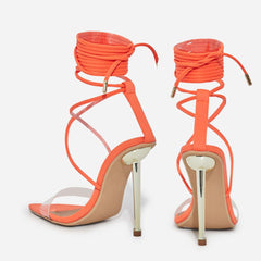 Luxemoda Nobu Orange Clear Strap Pointed Toe Lace Up Gold Stiletto Heeled Sandal (7.5, Orange)