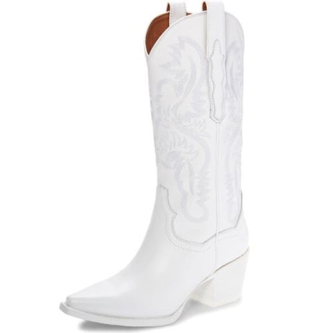 Jeffrey Campbell Dagget White Combo Pull On Block Heel Pointed Toe Western Boots