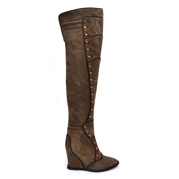 Ivy Kirzhner Salute Military Leather Thigh High Pointed Studded Sexy Wedge Boots