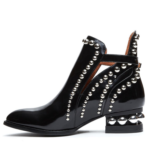 JEFFREY CAMPBELL Rylance Silver Embellished Black Box Leather Cut-out Rocker Bootie