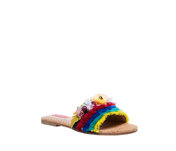 Betsey Johnson Verra Bright Multi Flowery Beaded Rainbow Heeled Slide Sandals (6, Bright Multi)