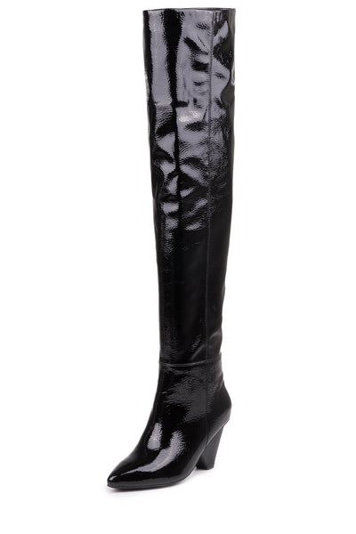 Jeffrey Campbell Senita Black Crinkle Patent Heel Knee High Dress Boots