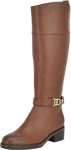 Tommy Hilfiger Ionni Tan 120 Almond Toe Stacked Block Heel Knee High Riding Boot
