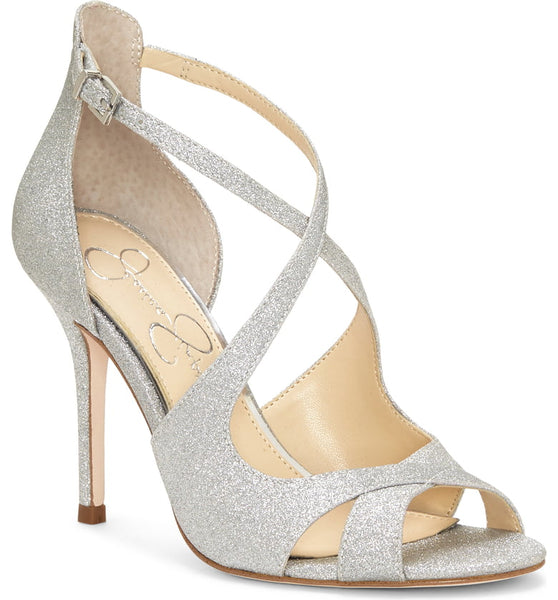 Jessica Simpson Averie Silver Glitter Open Toe High Heel Formal Stiletto