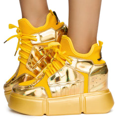 Anthony Wang Cranberry-08 Gold Platform Wedge Lace Up Chunky Sporty Sneaker
