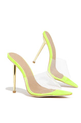 Cape Robbin King Lime Yellow Transparent Clear Open Gold Stiletto Mule Sandal