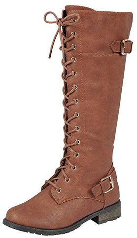 Forever Link Mango-27 Women's Strappy Lace-up Knee High Combat Stacked Heel Boot